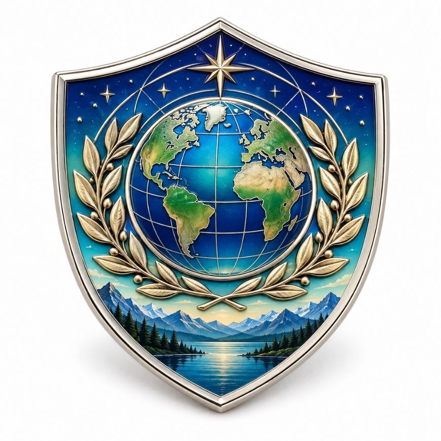 Shield-shaped UV printed earth globe lapel pin with silver plating, designed for custom corporate branding.