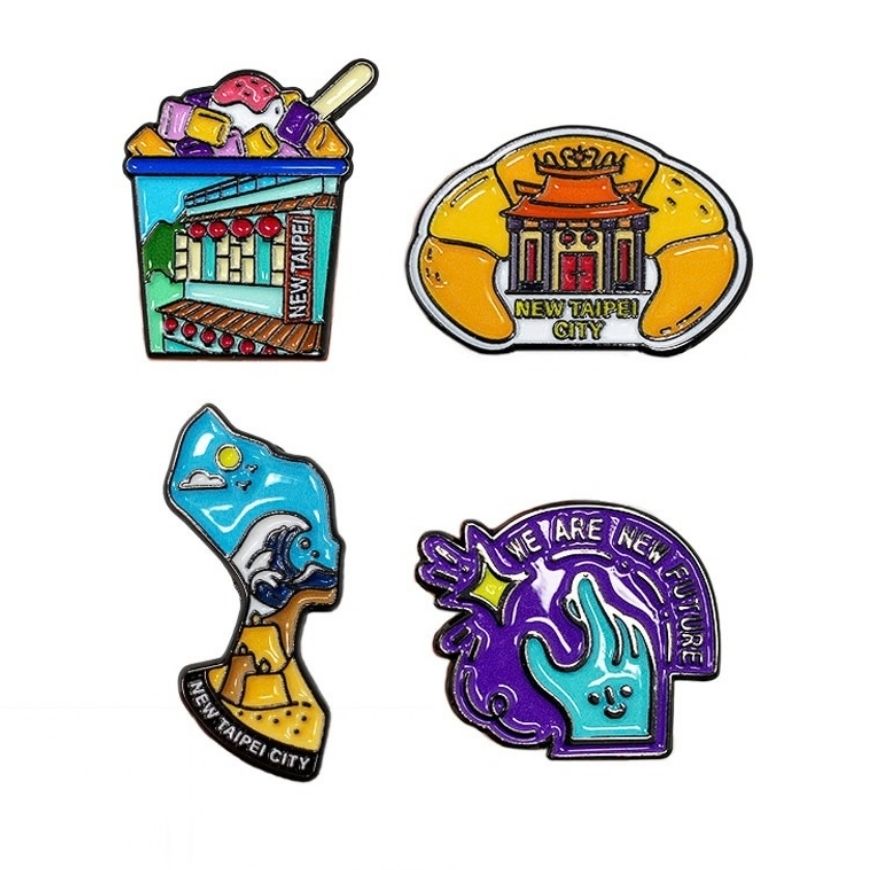 Custom New Taipei souvenir lapel pin set featuring local landmarks and food for wholesale promotional gifts.