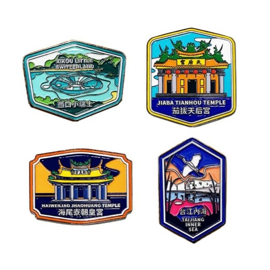 Custom Tainan landmark enamel pin set for wholesale tourism gifts, featuring temples and scenic cultural sites.