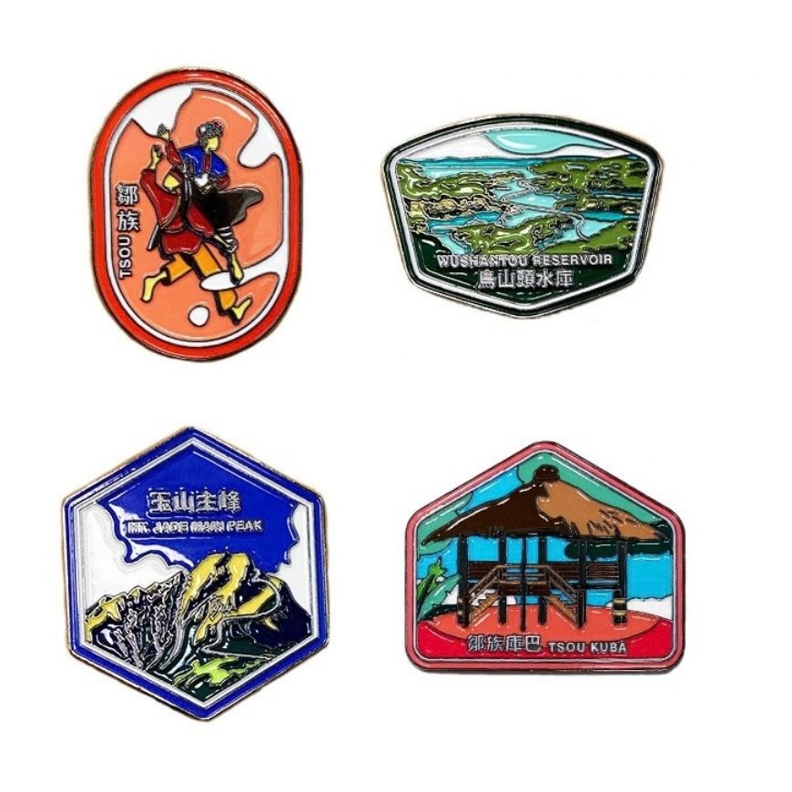 Custom Taiwan landmark enamel pin set for wholesale cultural tourism and national park promotional gifts.