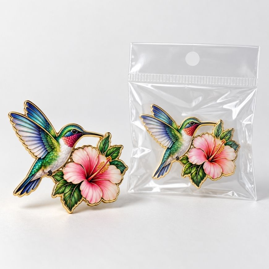 Custom UV printed hummingbird enamel pin with ziplock polybag packaging for OEM wholesale distribution.
