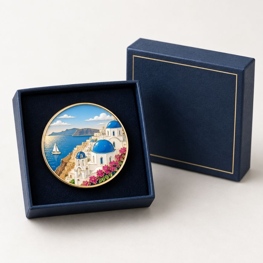 Custom UV printed souvenir lapel pin in premium navy gift box, tailored for corporate gifting and wholesale orders.