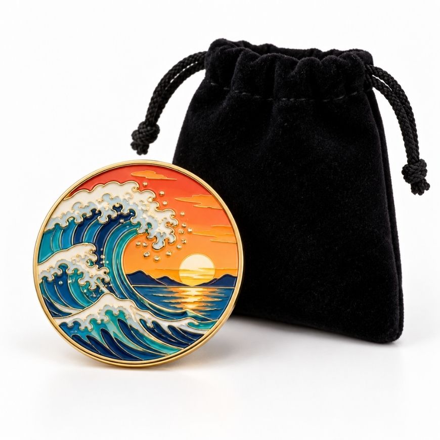 Custom wave enamel lapel pin beside a black velvet pouch, ideal for wholesale souvenir promotional gifting.