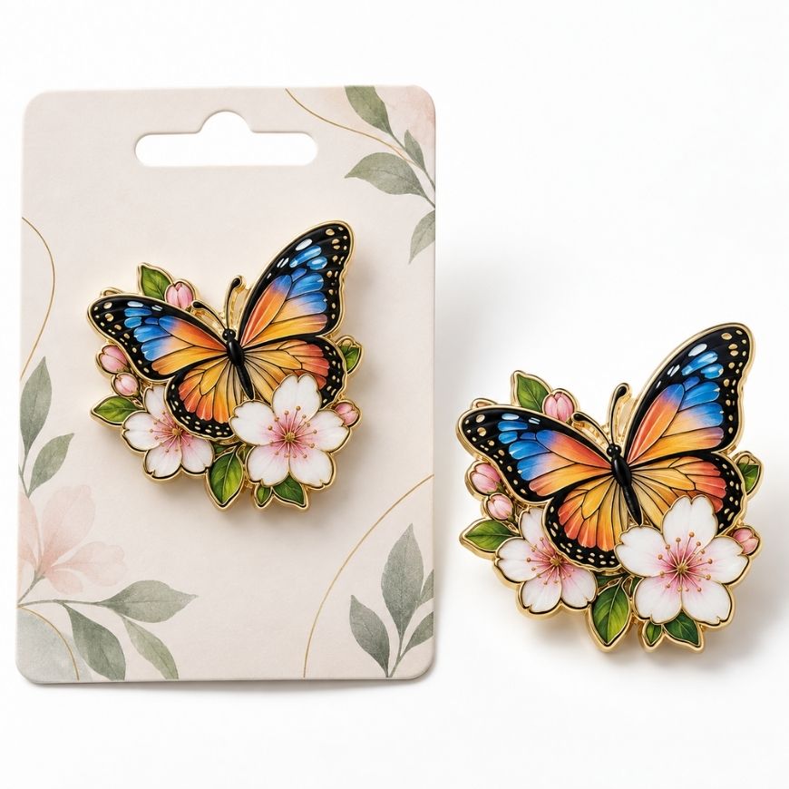 Custom UV printed butterfly enamel pin mounted on retail backing card, tailored for wholesale gift collections.