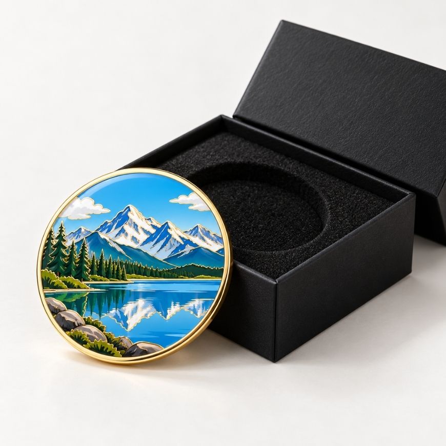 Custom mountain lake enamel lapel pin beside an open black gift box, crafted for corporate wholesale gifts.