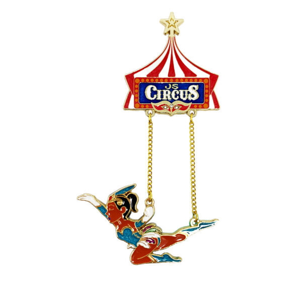 custom enamel pin with chain dangle flying trapeze artist design