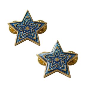 Custom gold star enamel pins with blue glitter.
