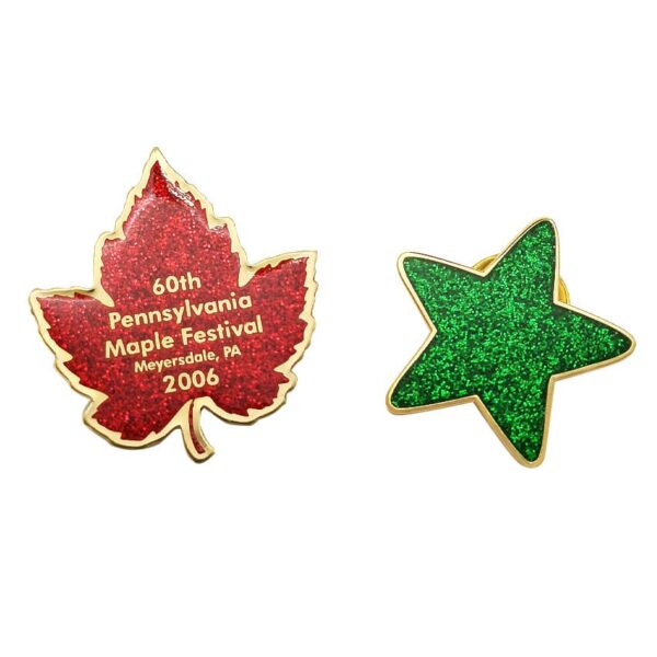 glitter enamel pin custom maple and star logo