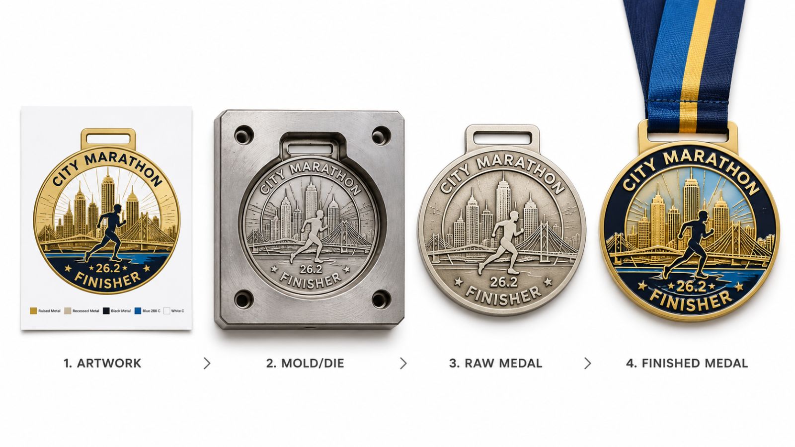 Four-step manufacturing process of a custom city marathon finisher medal from artwork and mold to finished product.
