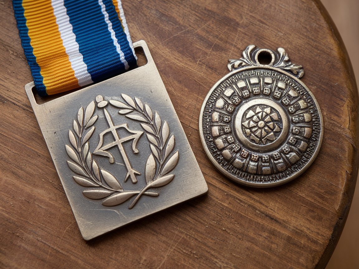 A square medal with a simple laurel design and a round intricate medal with ornamental floral motifs.]