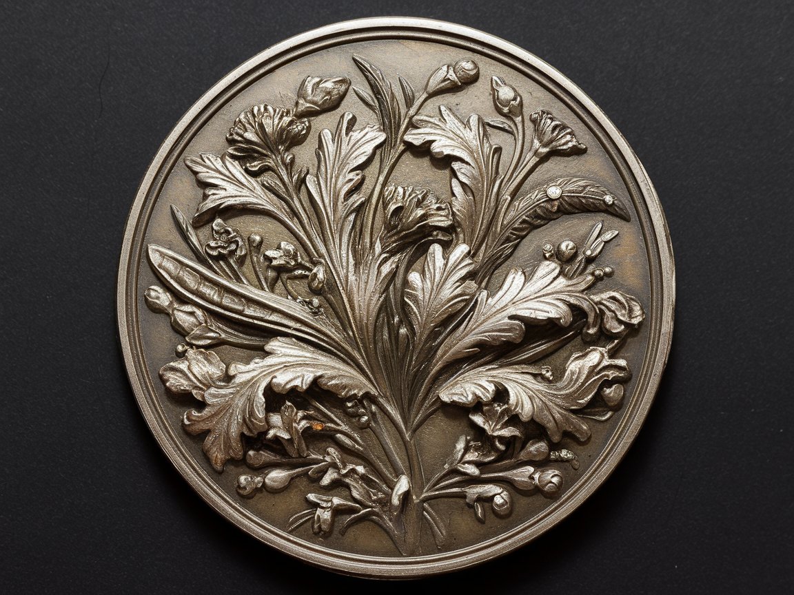 A silver art medal with a floral design.