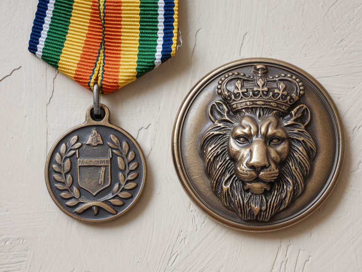 A simple commemorative medal on a ribbon and an intricate medallion with a lion engraving.