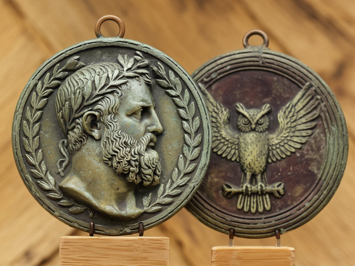 Ancient Greek medallions with designs of a ruler and an owl.