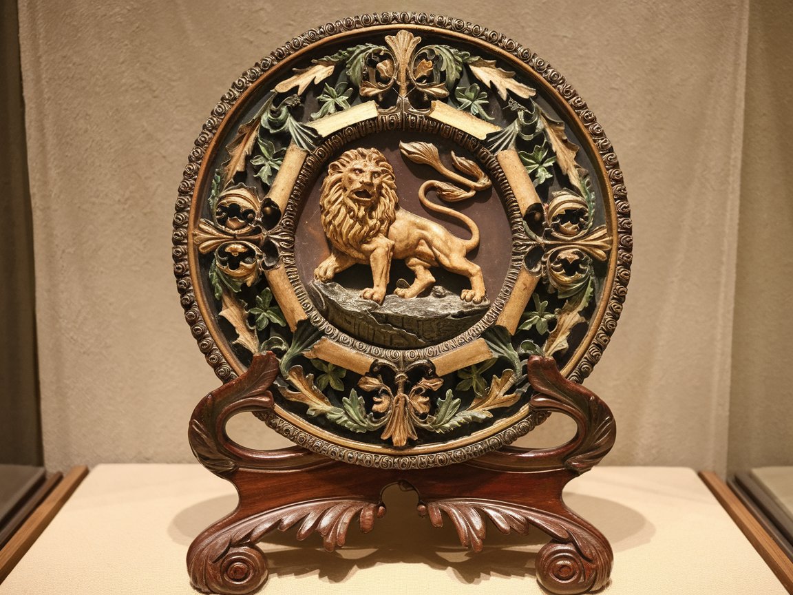 A table medallion with a lion design being displayed.