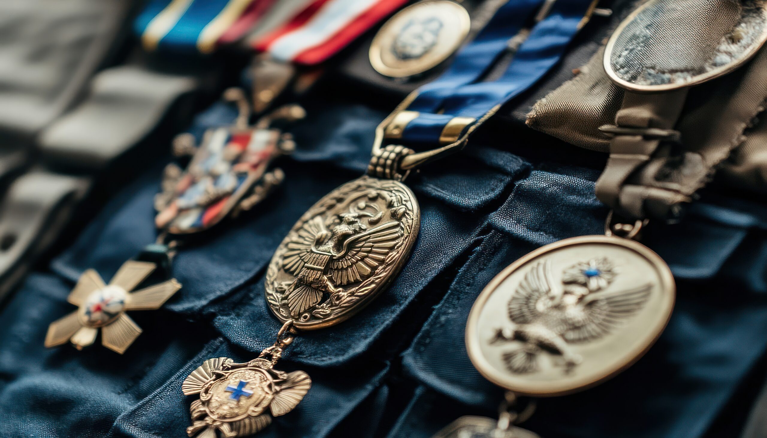 Military medals with an eagle emblem pinned on a blue uniform.