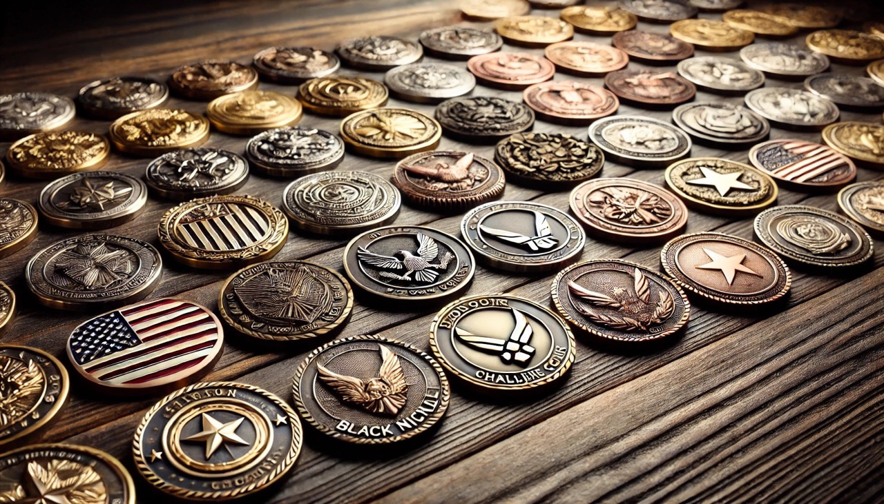 A line of diverse challenge coins with gold, silver, bronze, and black nickel plating on a wooden surface.