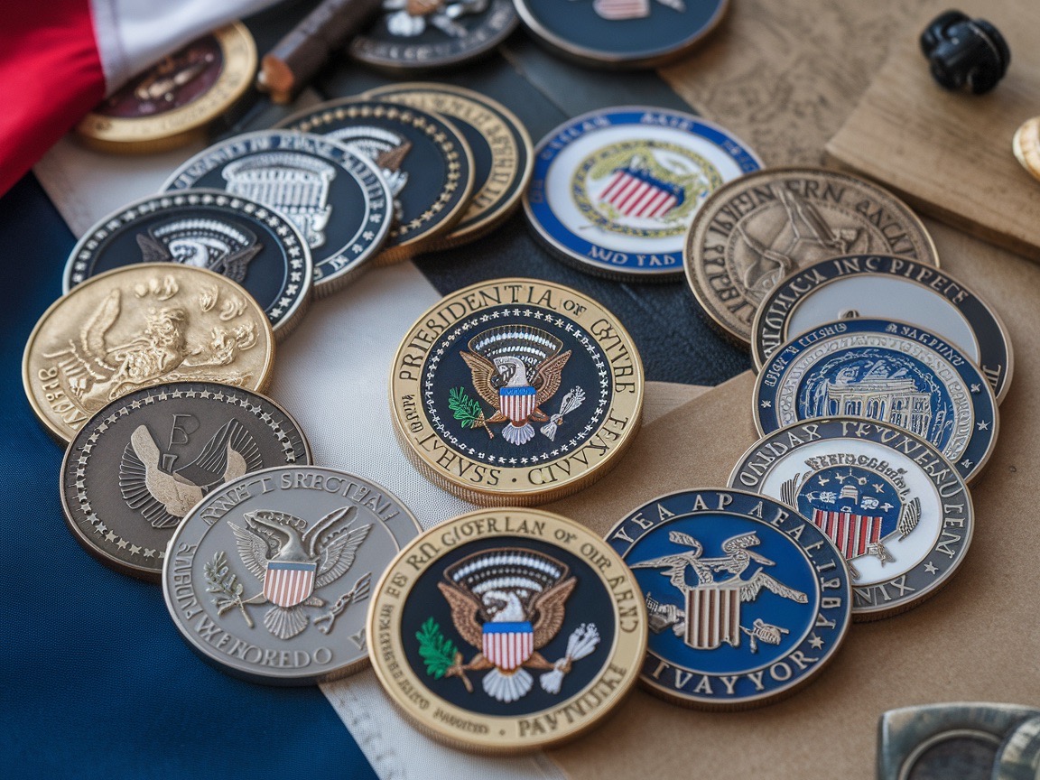 A display of various challenge coins, showcasing their unique designs in a collection format.