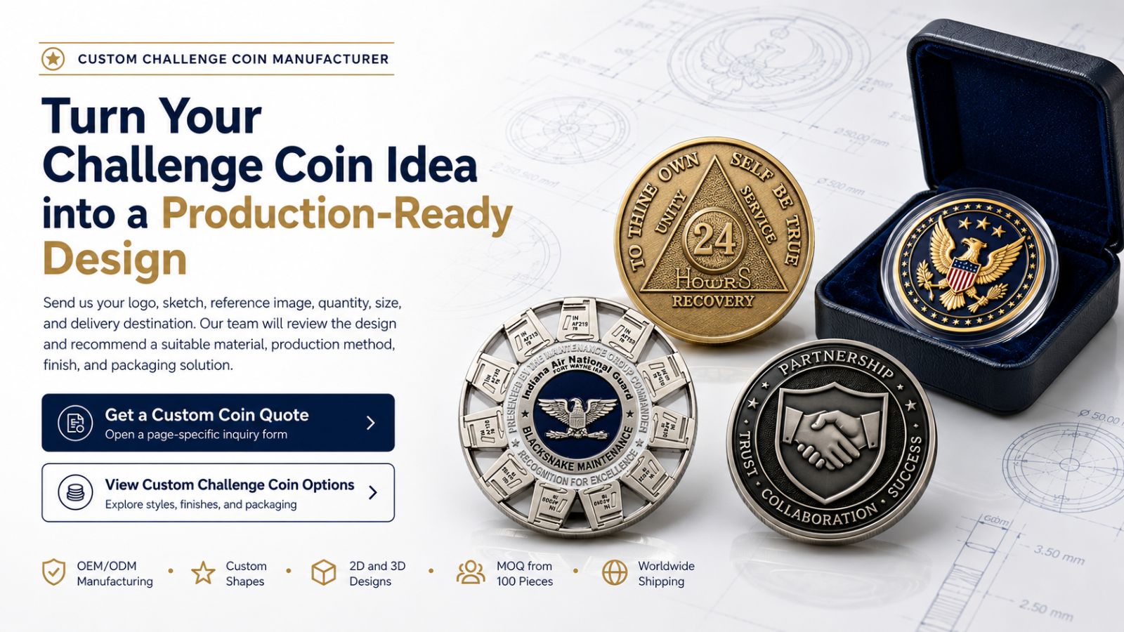 Custom challenge coins with a luxury velvet box on blueprints, highlighting B2B OEM/ODM manufacturing solutions.
