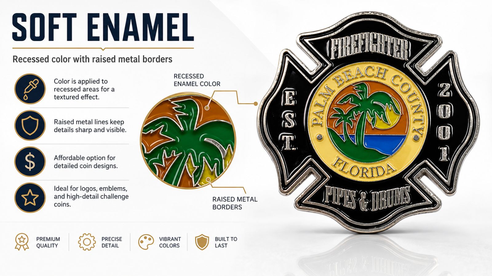 Soft enamel custom badge with recessed colors and raised metal borders, ideal for high-detail firefighter coins wholesale.