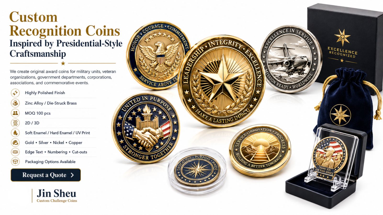 Custom recognition coins with premium boxes and velvet pouches, showcasing Jin Sheu wholesale corporate awards.