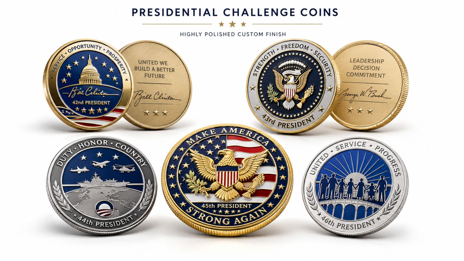 Presidential challenge coins with a highly polished custom finish, ideal for military and government wholesale awards.