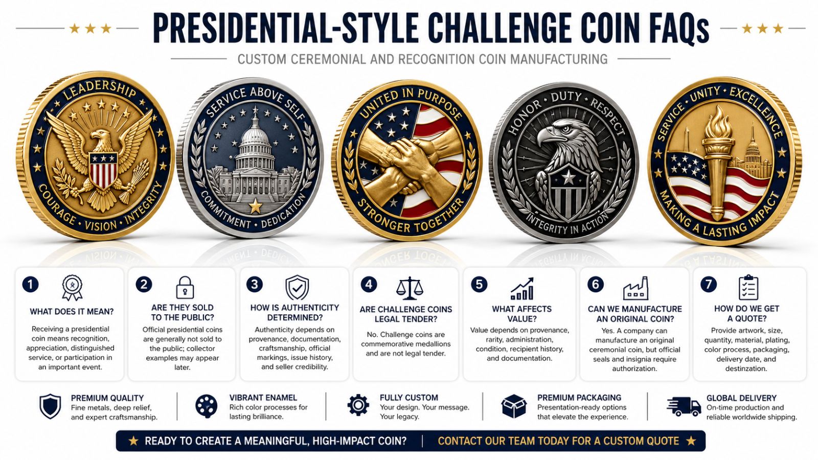 Presidential challenge coin FAQ infographic covering custom ceremonial and recognition coin manufacturing wholesale.