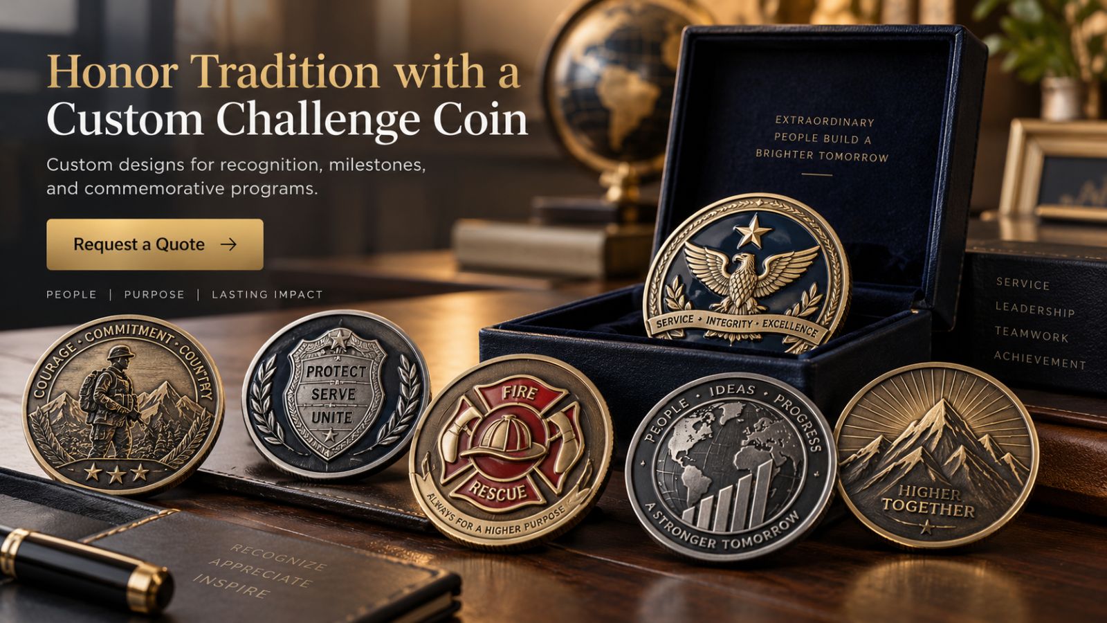 Custom challenge coins in a velvet presentation box for military and corporate recognition awards.