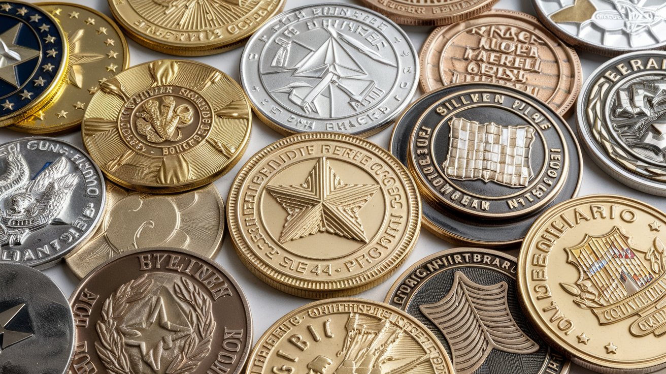 A collection of diverse challenge coins