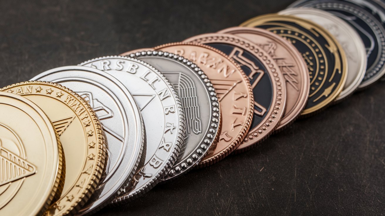 A row of diverse challenge coins in gold, silver, bronze, and zinc plating with smooth, grooved, and beaded edges displayed on a dark background.