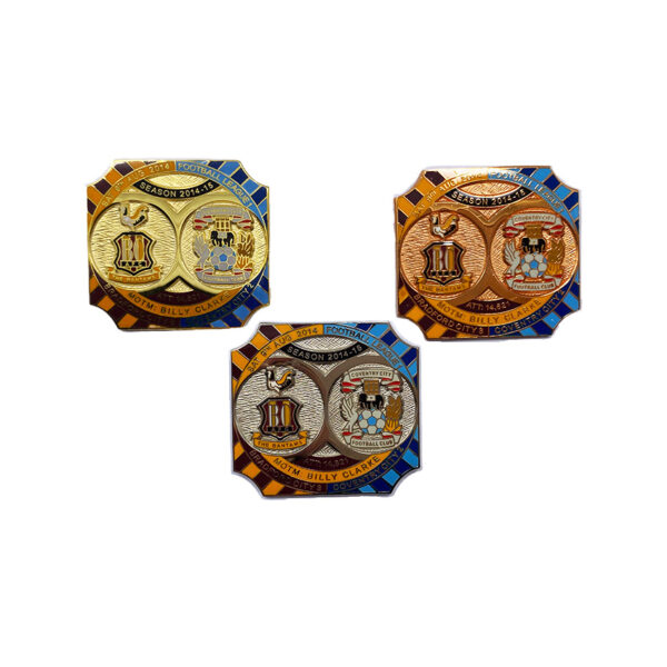 three custom sports lapel pin in gold, rose gold and nickel plating