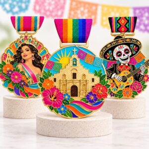 Custom soft enamel Fiesta medals with vibrant ribbons on display stands, ideal for promotional event wholesale.