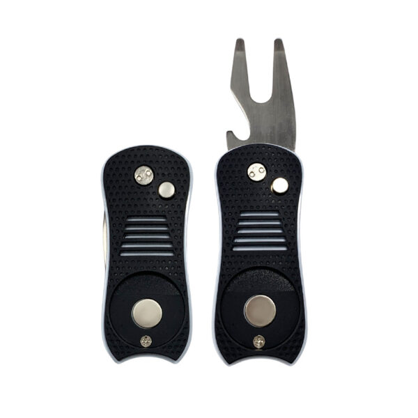 a black foldable golf divot tool with bottle opener