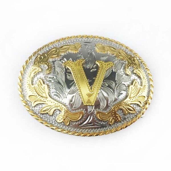 Two tone gold silver Western Belt Buckles with letter V