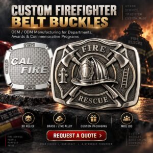Custom 3D firefighter belt buckles OEM manufacturing for fire departments with low MOQ and packaging options.