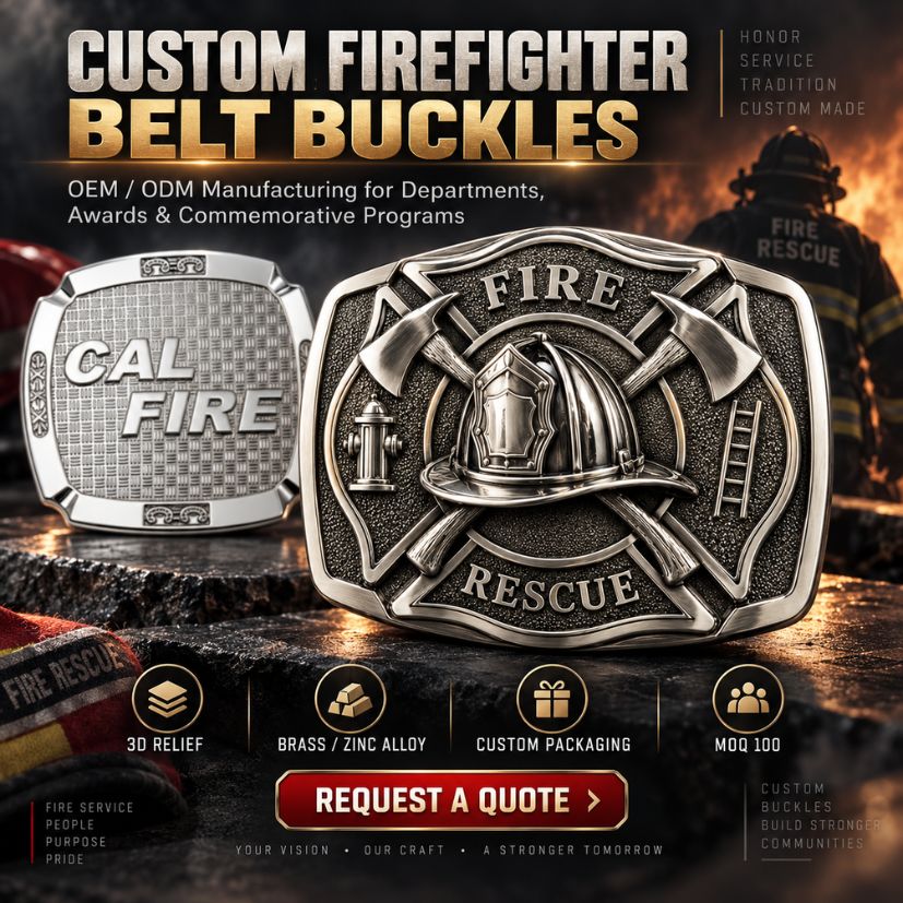Custom 3D firefighter belt buckles OEM manufacturing for fire departments with low MOQ and packaging options.