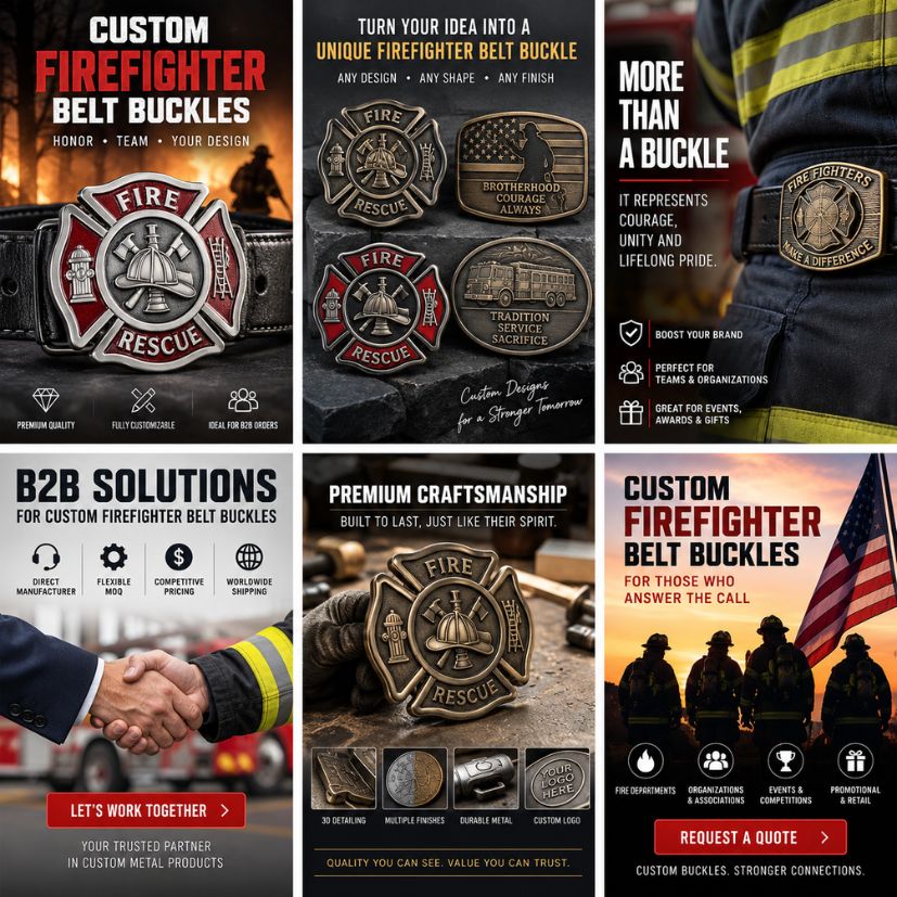 Custom metal firefighter belt buckles B2B manufacturing for department orders, awards, and commemorative programs.