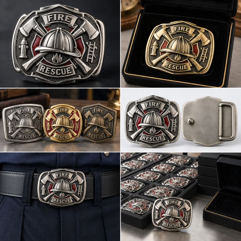 Custom firefighter belt buckles display showing front relief, metal plating options, back attachment, and gift box.