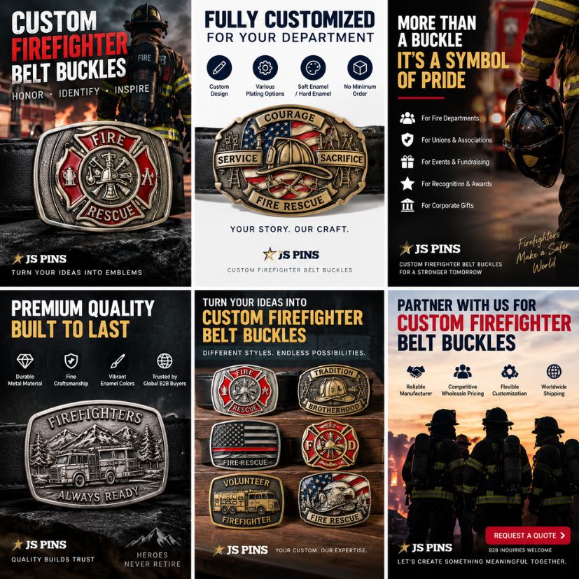 Custom firefighter belt buckles manufacturing catalog with 3D embossed designs and enamel options by JS Pins.