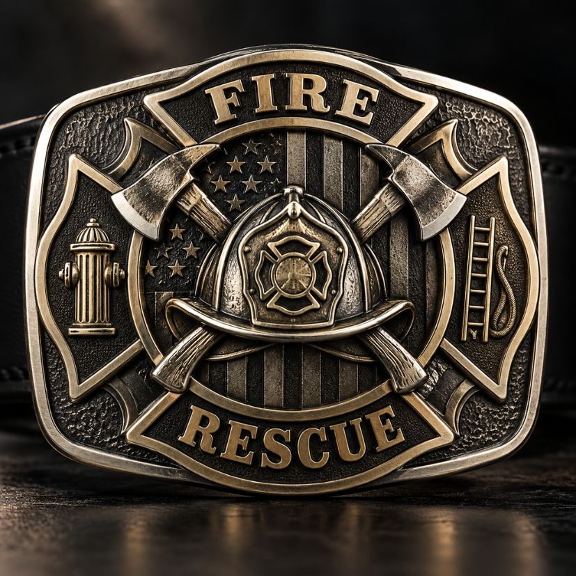 Antique brass firefighter belt buckle featuring 3D Maltese cross, helmet, axes, and fire rescue insignia.