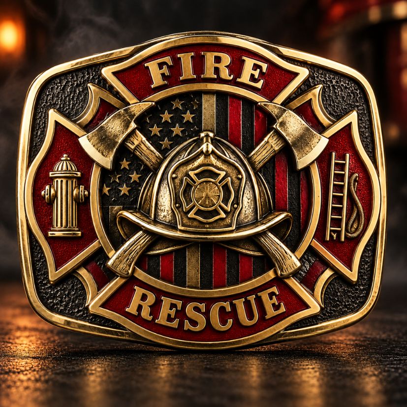 Antique bronze firefighter rescue belt buckle with red enamel accents, 3D Maltese cross, and US flag motif.