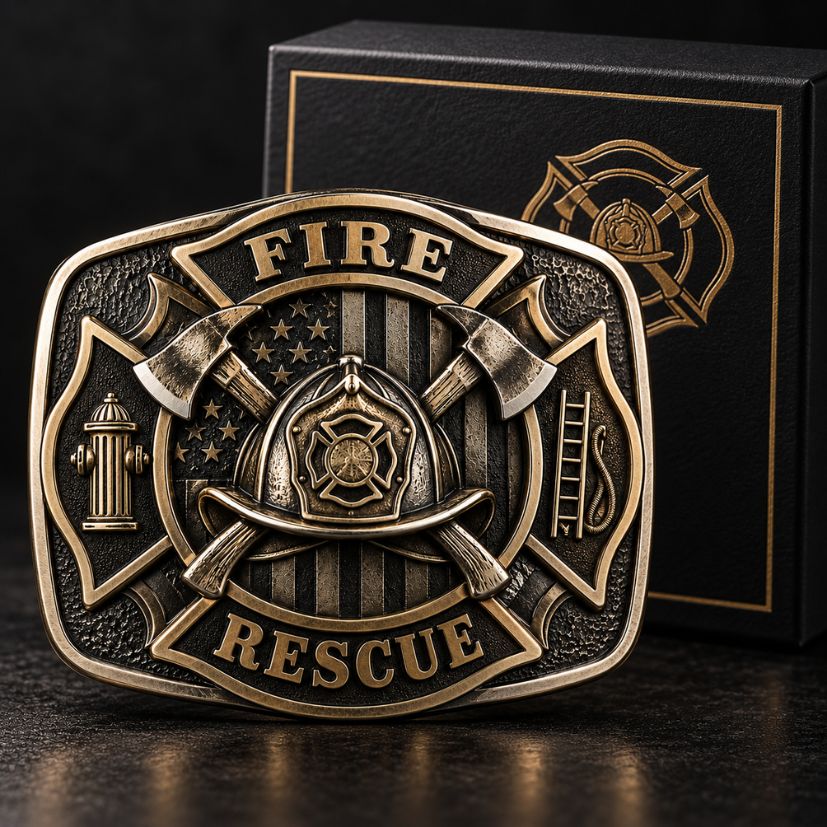 Commemorative firefighter rescue belt buckle in antique brass with custom black presentation gift box.