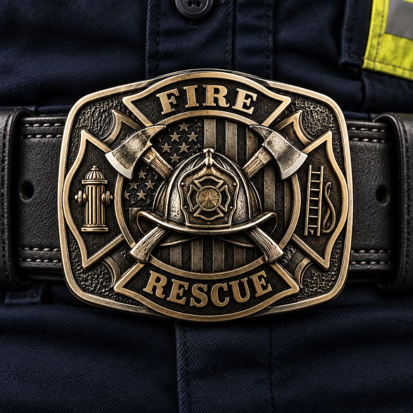 Custom embossed fire rescue belt buckle in antique finish worn on a professional black leather duty belt.