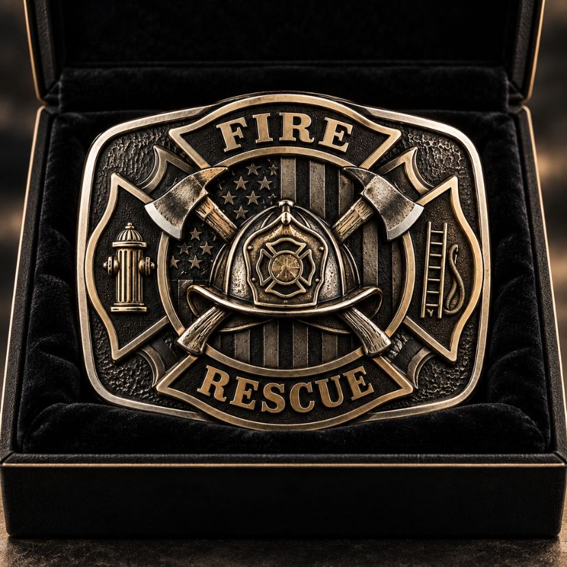 Custom engraved firefighter belt buckle in velvet-lined gift box for department awards and commemorative gifts.
