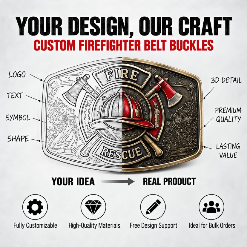 OEM custom firefighter belt buckle manufacturing process from design sketch to finished 3D embossed product.