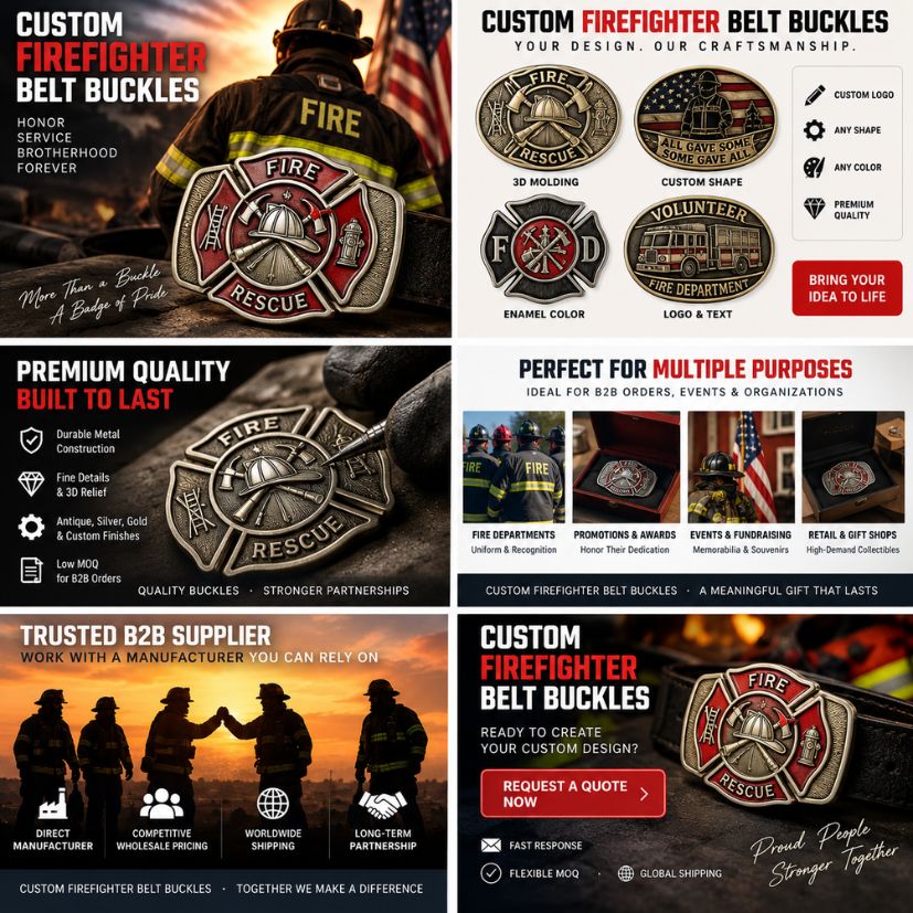 B2B wholesale firefighter belt buckles supplier offering 3D molding, custom finishes, and department awards.