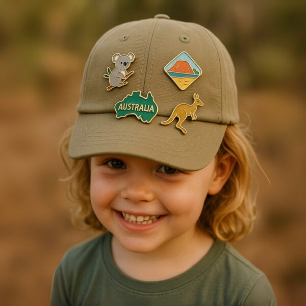 a boy wearing a hat custom hat pin Australia logo