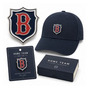 Custom shield baseball hat pin with red enamel letter B, paired with branded backer card and premium gift box.