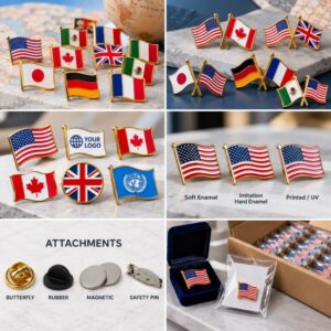 Custom flag lapel pins showcasing soft enamel, imitation hard enamel, and UV printing processes with various metal back attachments