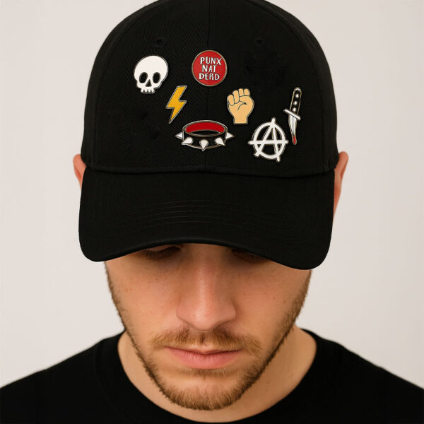 a man wearing a black hat many punk enamel custom hat pin