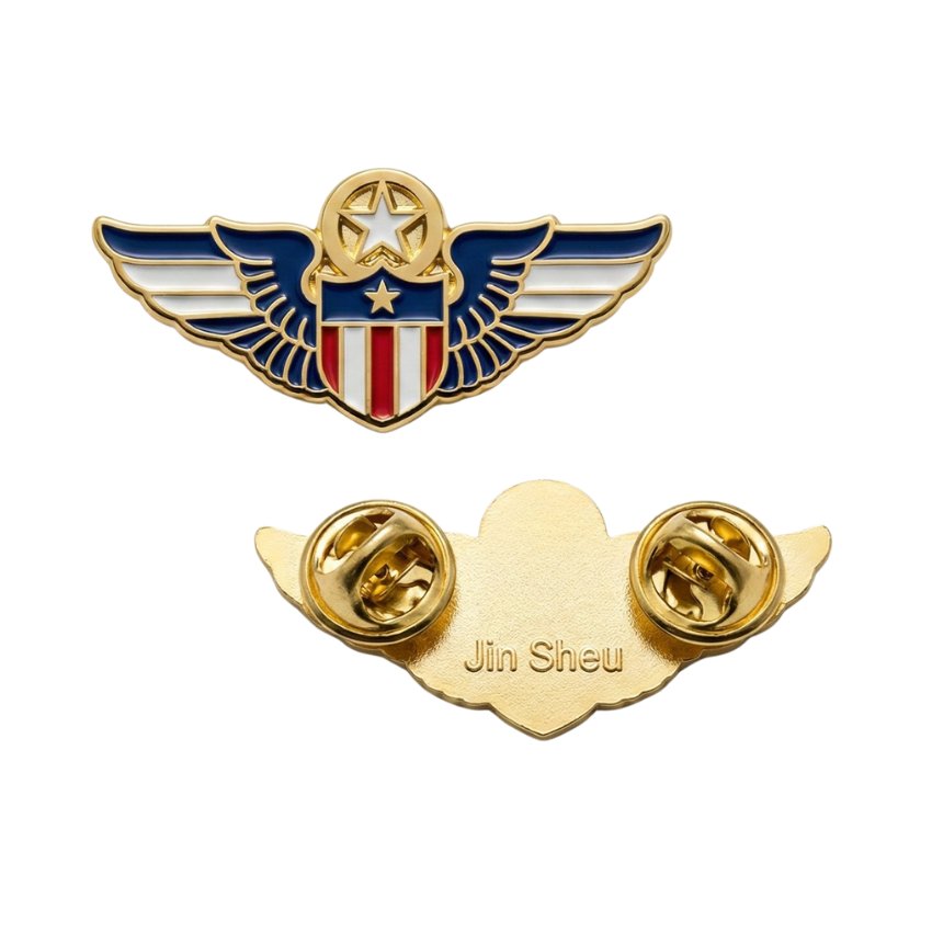 Custom aviator wings enamel lapel pin with shield emblem and gold custom pilot wings design
